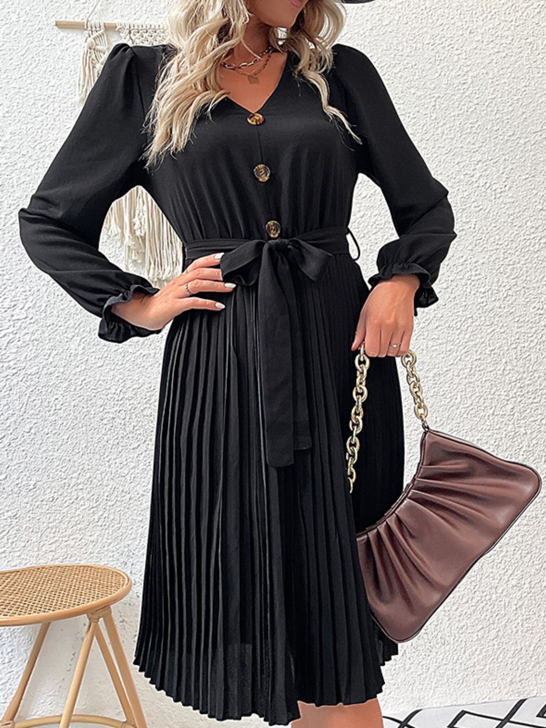 Perfee Decorative Button Belted Puff Sleeve Pleated Dress