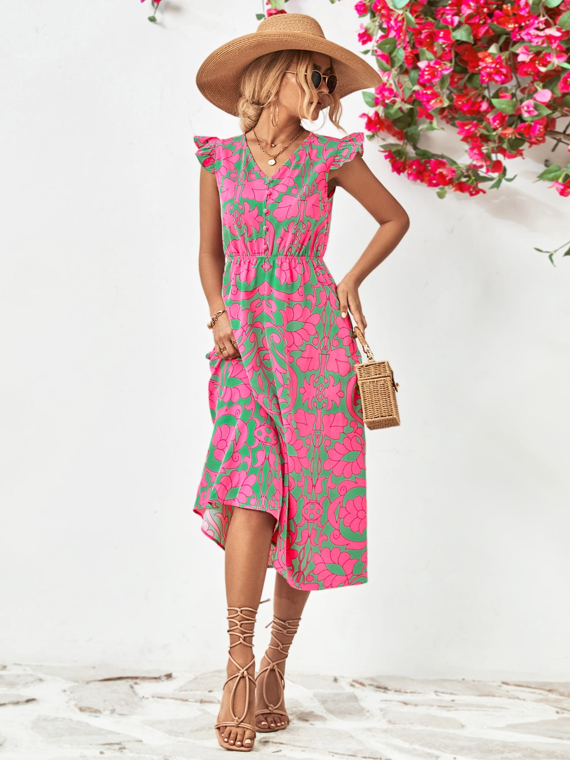 Printed V-Neck Cap Sleeve Dress