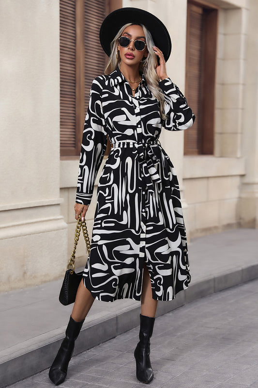 Perfee Printed Tie Front Collared Neck Slit Shirt Dress