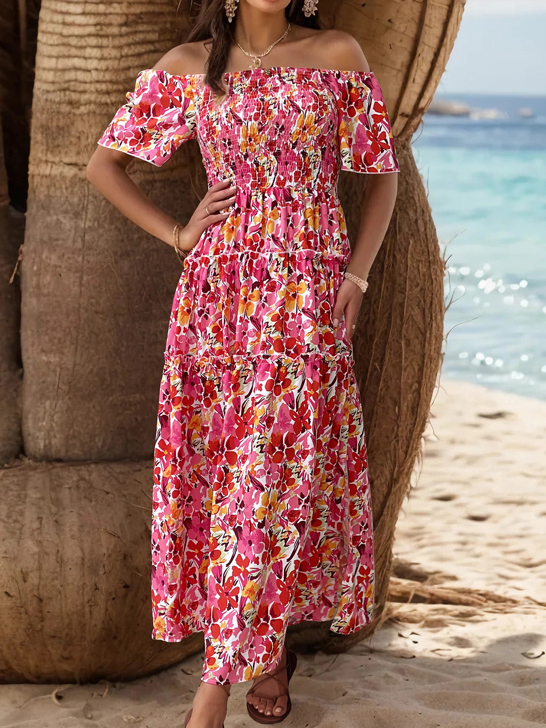 Perfee Slit Floral Off-Shoulder Short Sleeve Dress