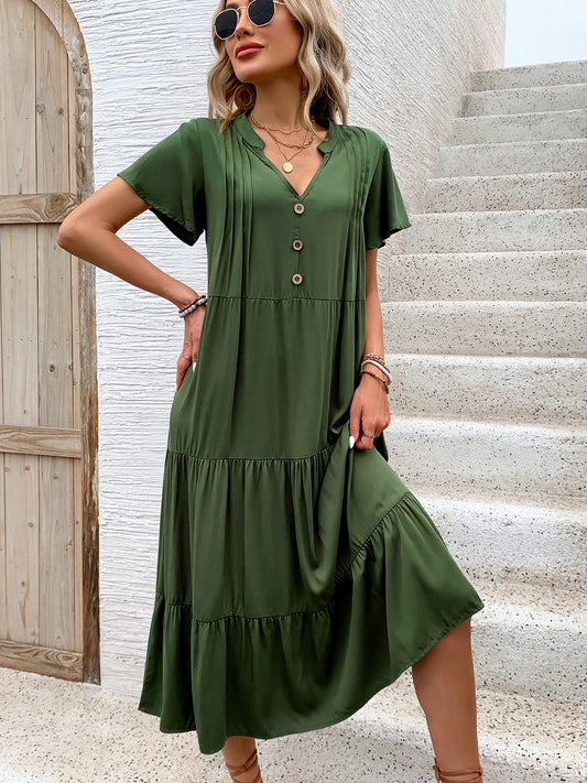 Perfee Tiered Notched Short Sleeve Midi Dress