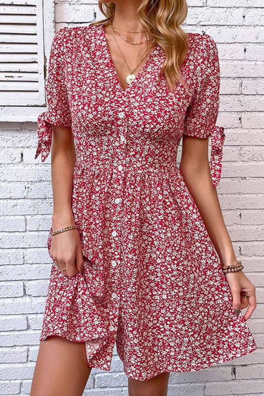 Perfee Ditsy Floral Tied Puff Sleeve Button Front Dress