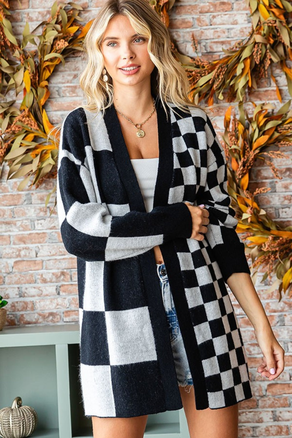 First Love Checkered Open Front Long Sleeve Cardigan