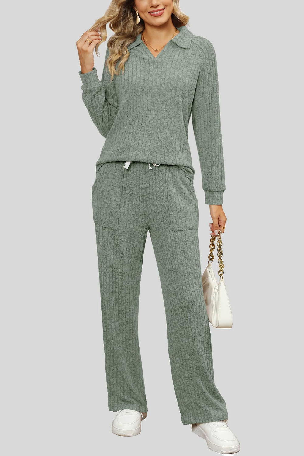 Ribbed Long Sleeve Top and Pocketed Pants Set