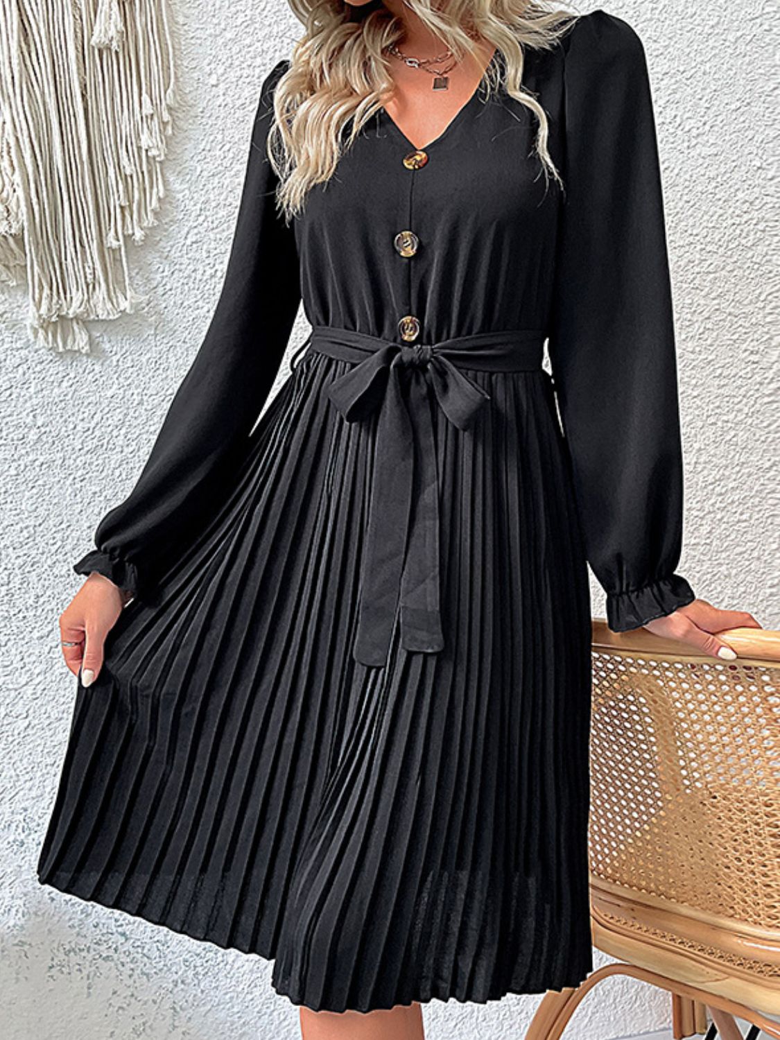 Perfee Decorative Button Belted Puff Sleeve Pleated Dress