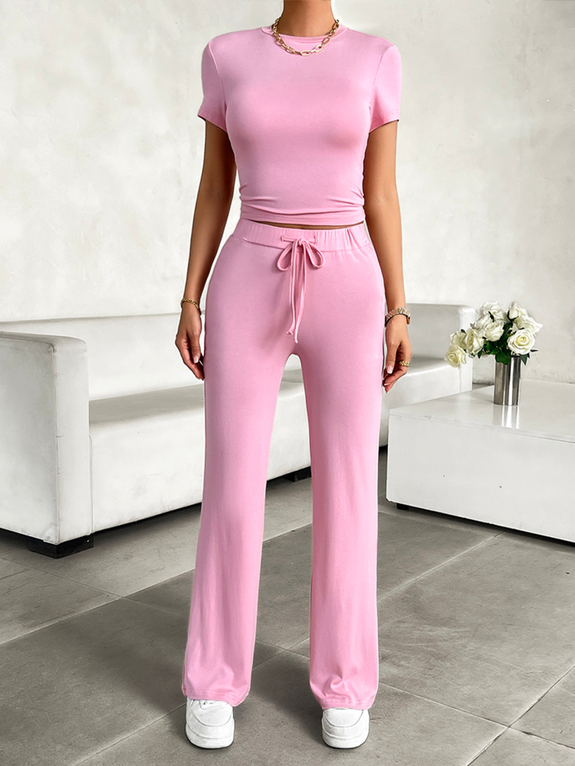 Devine Round Neck Short Sleeve Top and Pants Set