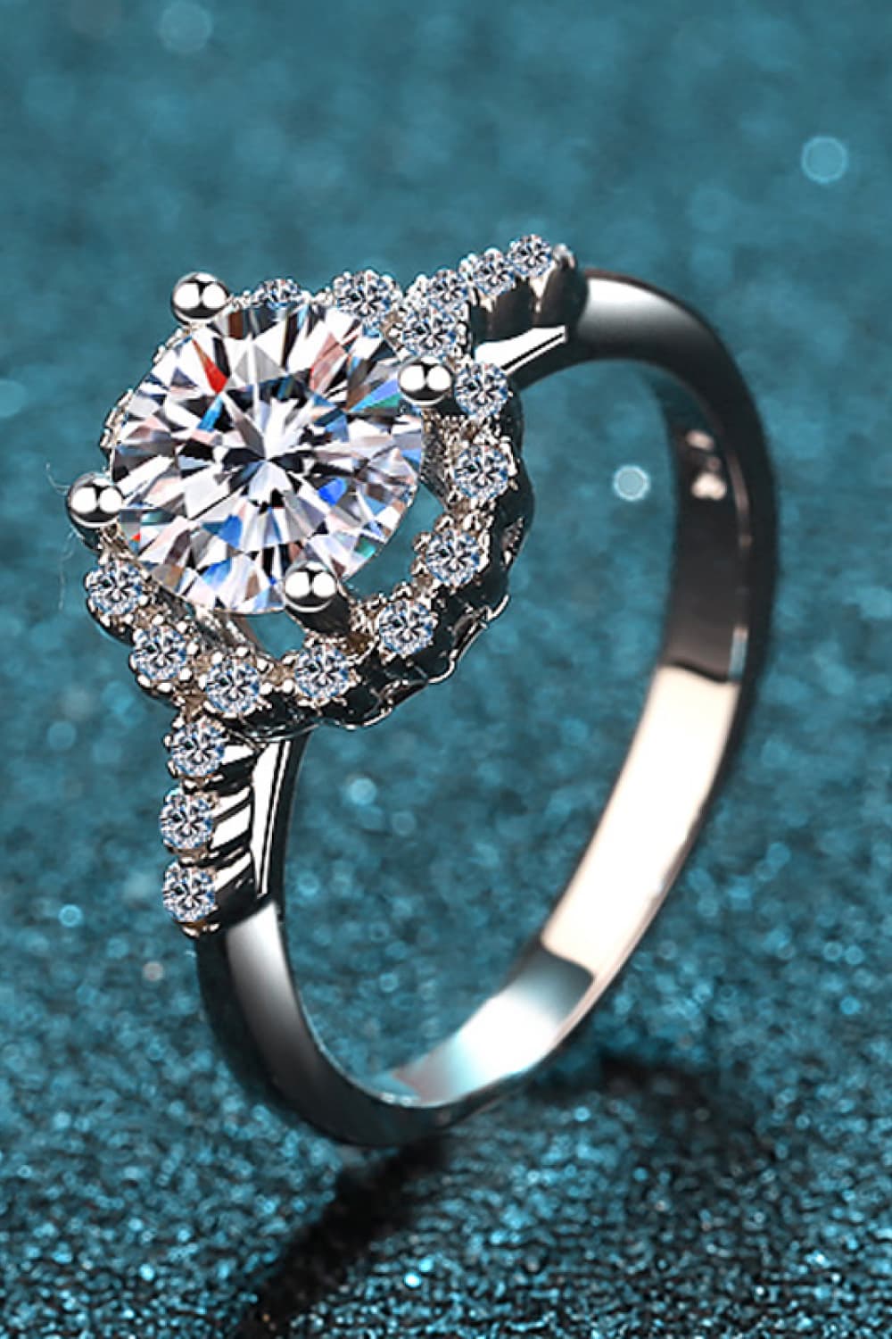 1 Carat Moissanite Rhodium - Plated Halo Ring - Runway Regalia