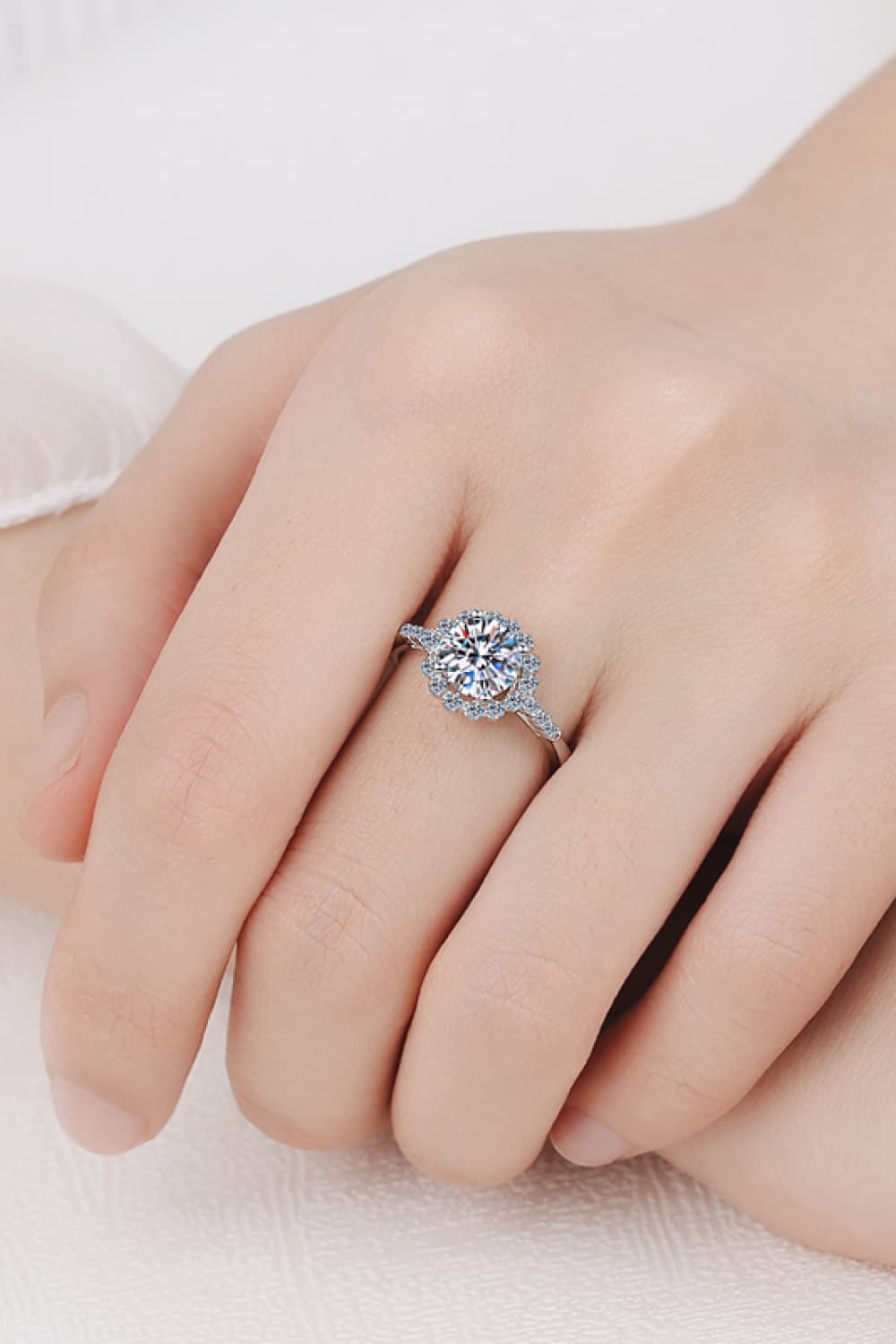 1 Carat Moissanite Rhodium - Plated Halo Ring - Runway Regalia