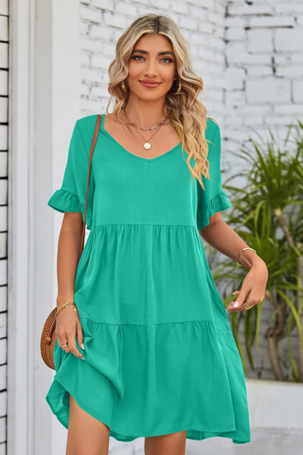 Mandy V-Neck Flounce Sleeve Tiered Dress