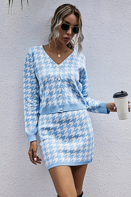 Perfee Houndstooth Button Front Sweater and Skirt Set