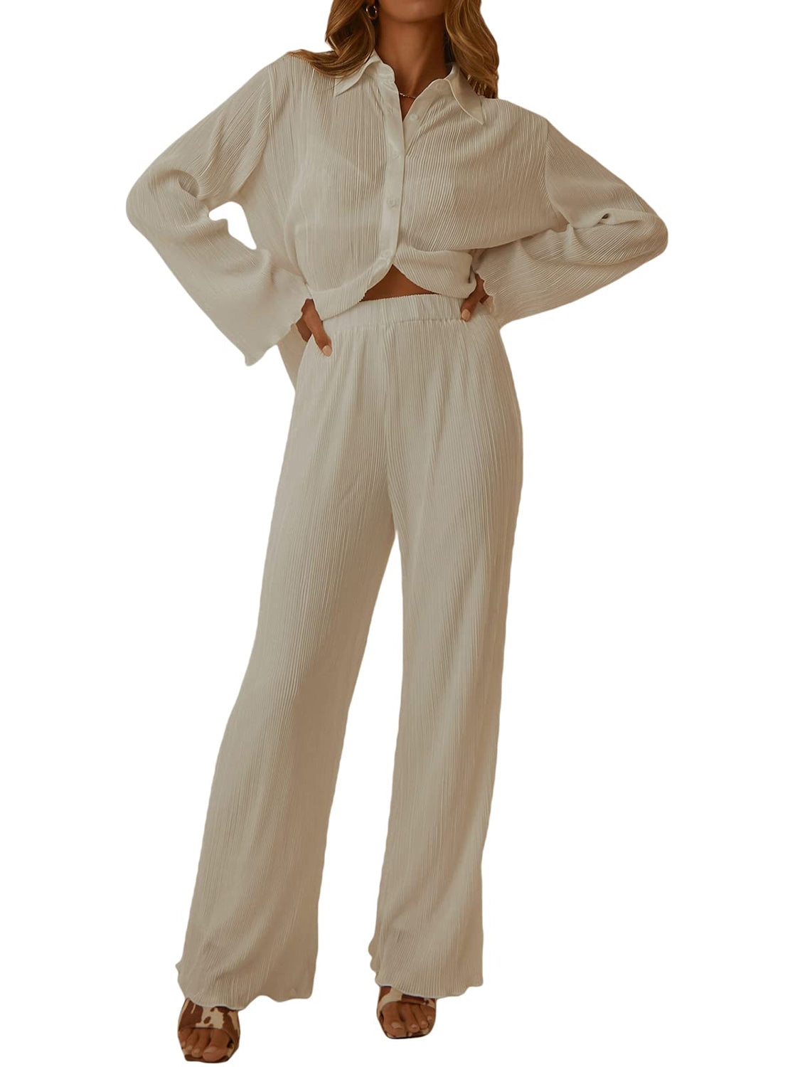 Collared Neck Long Sleeve Top and Pants Lounge Set