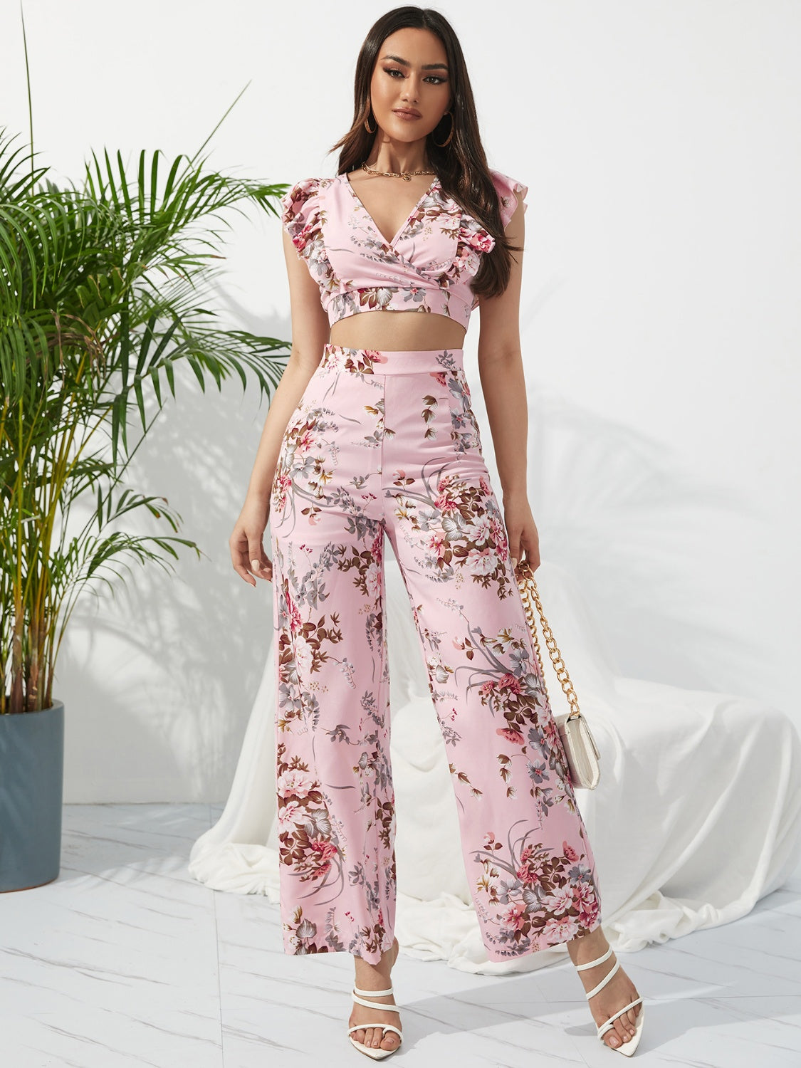 Honey Printed Surplice Cap Sleeve Top and Pants Set