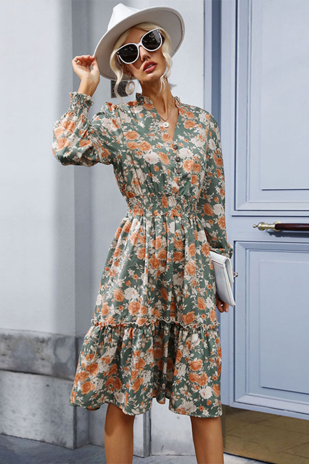 Perfee Floral Smocked Decorative Button Dress