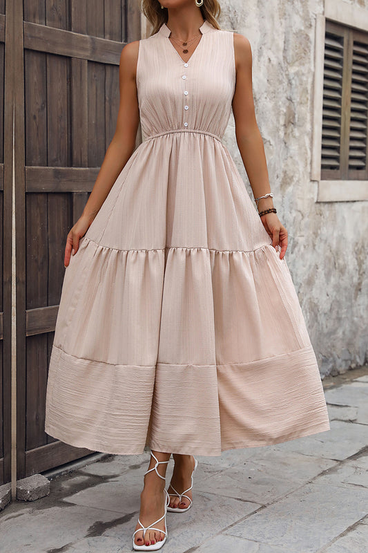 Perfee Decorative Button Notched Tiered Dress