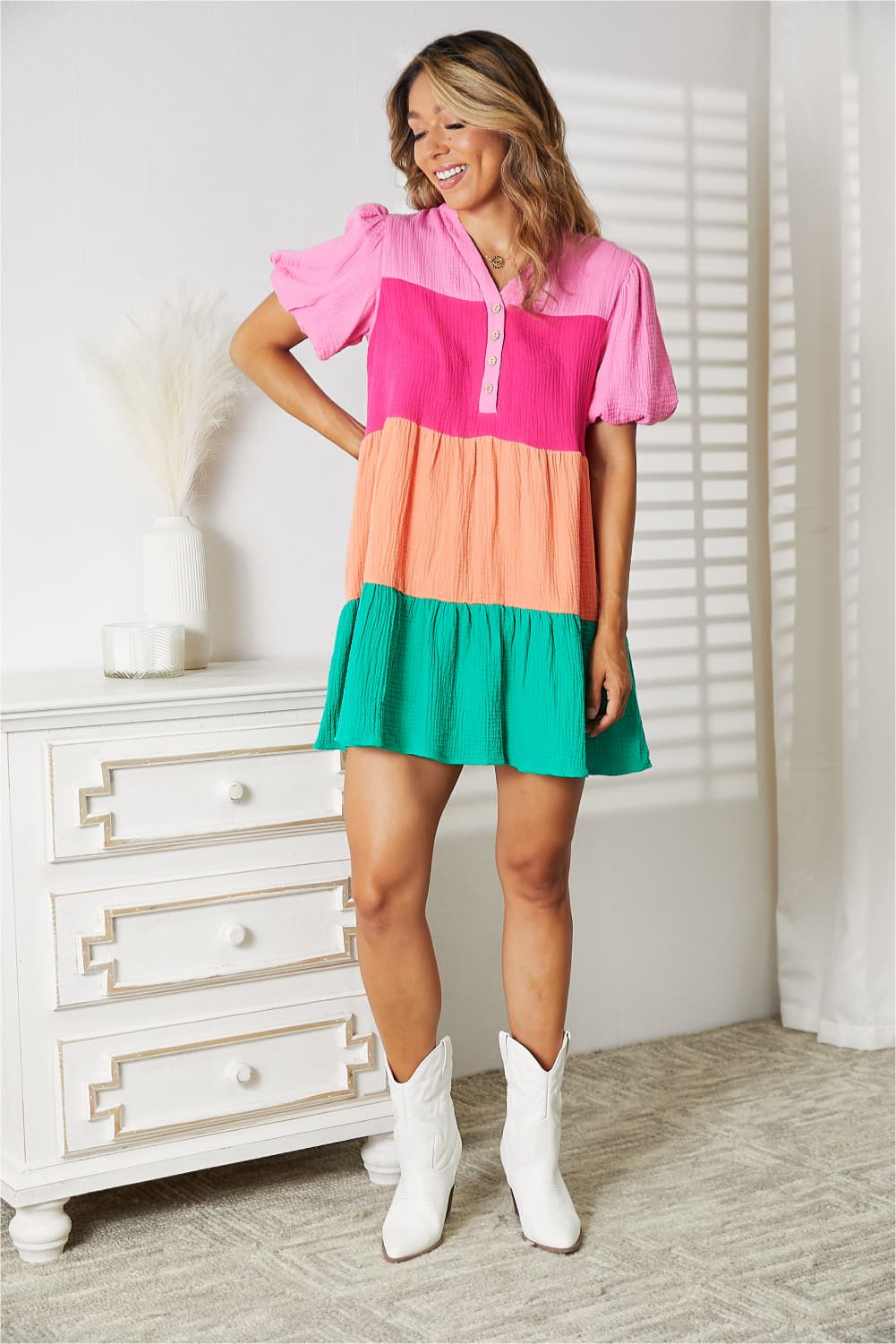 Double Take Color Block Buttoned Puff Sleeve Dress