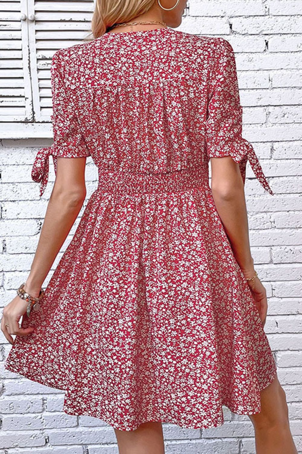 Perfee Ditsy Floral Tied Puff Sleeve Button Front Dress