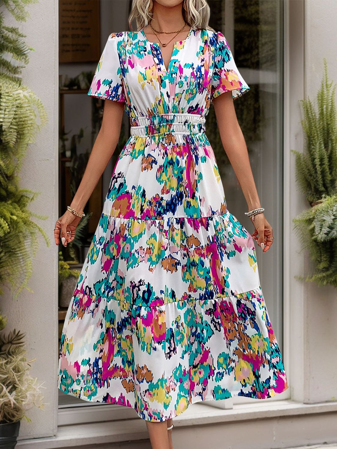 Perfee Printed Notched Short Sleeve Midi Dress