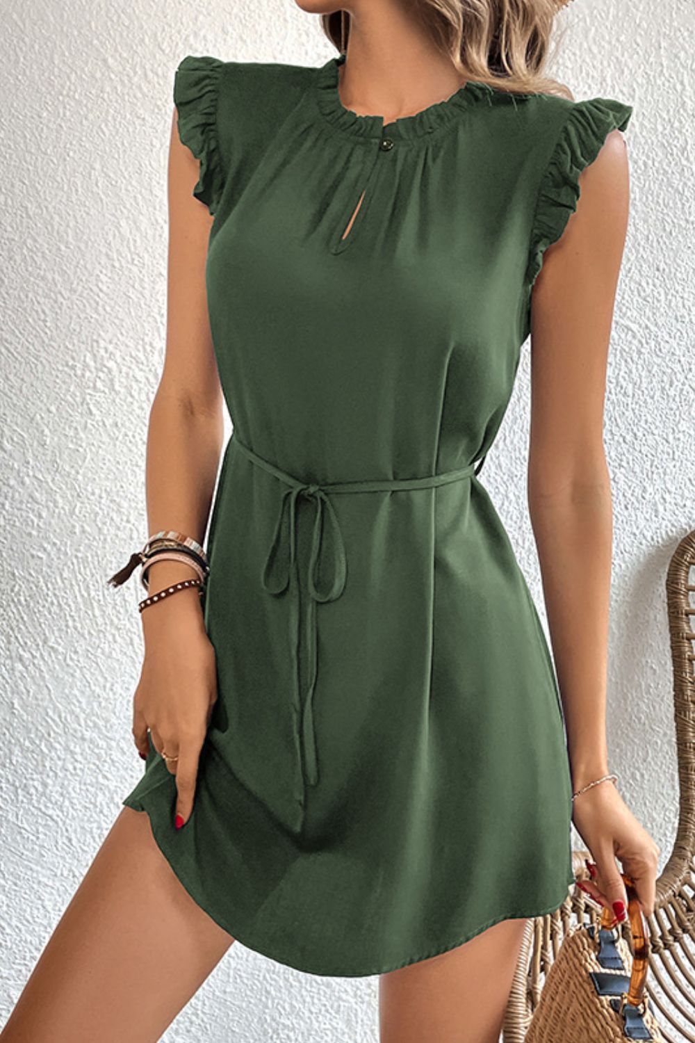 Perfee Ruffled Tie-Waist Keyhole Dress