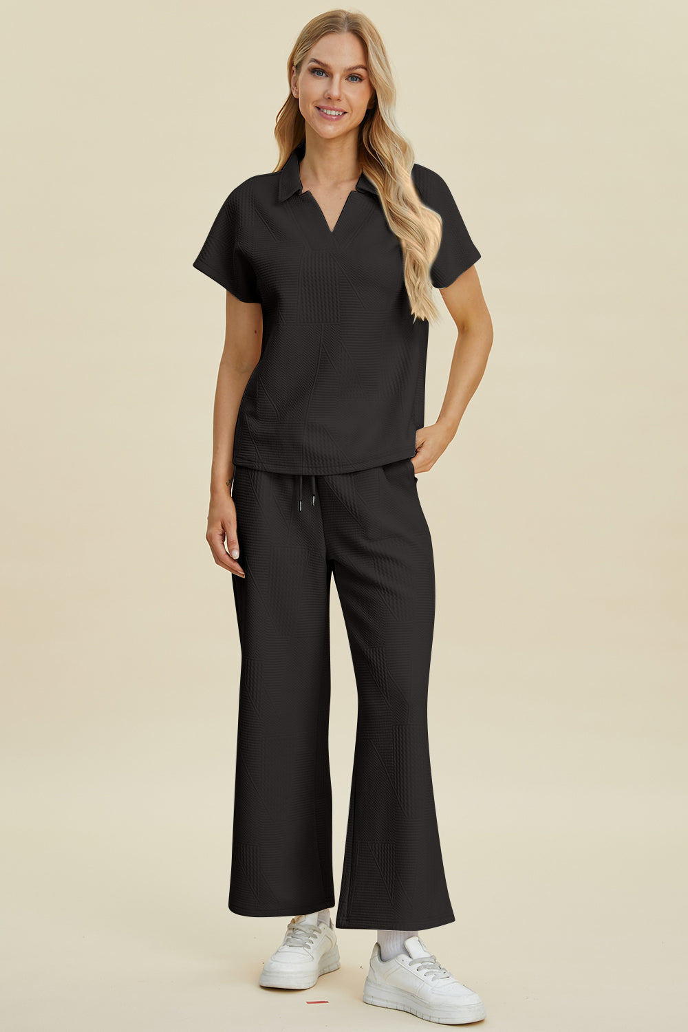 Double Take Full Size Collared Neck Short Sleeve Top and Pants Set