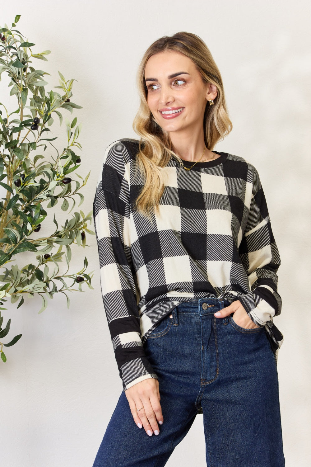 Celeste Full Size Plaid Round Neck Long Sleeve T-Shirt