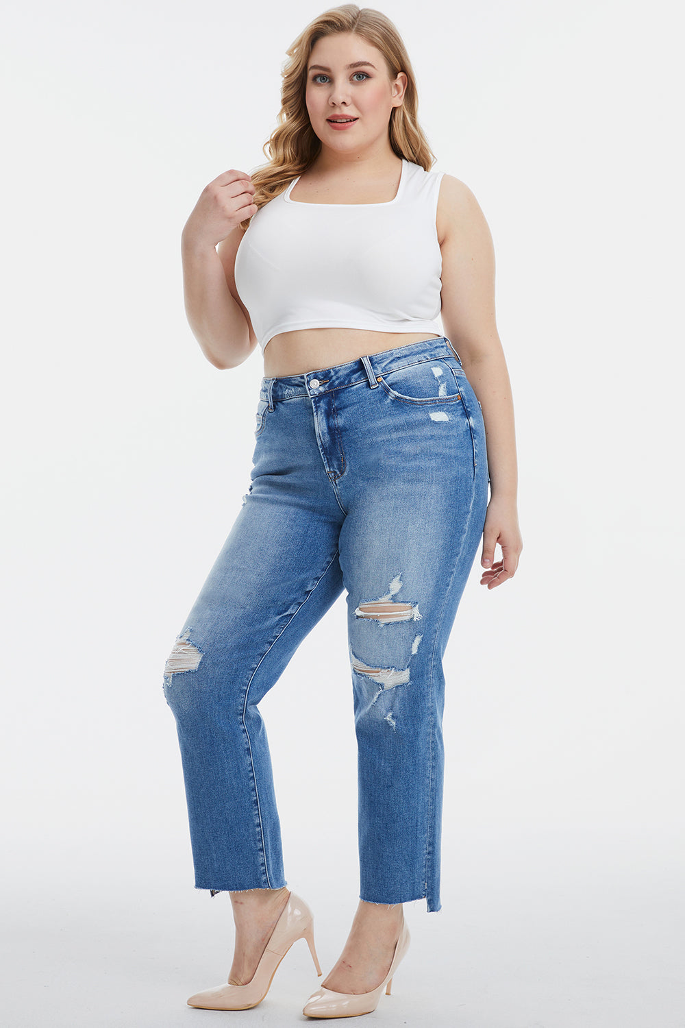 BAYEAS Full Size Mid Waist Distressed Ripped Straight Jeans