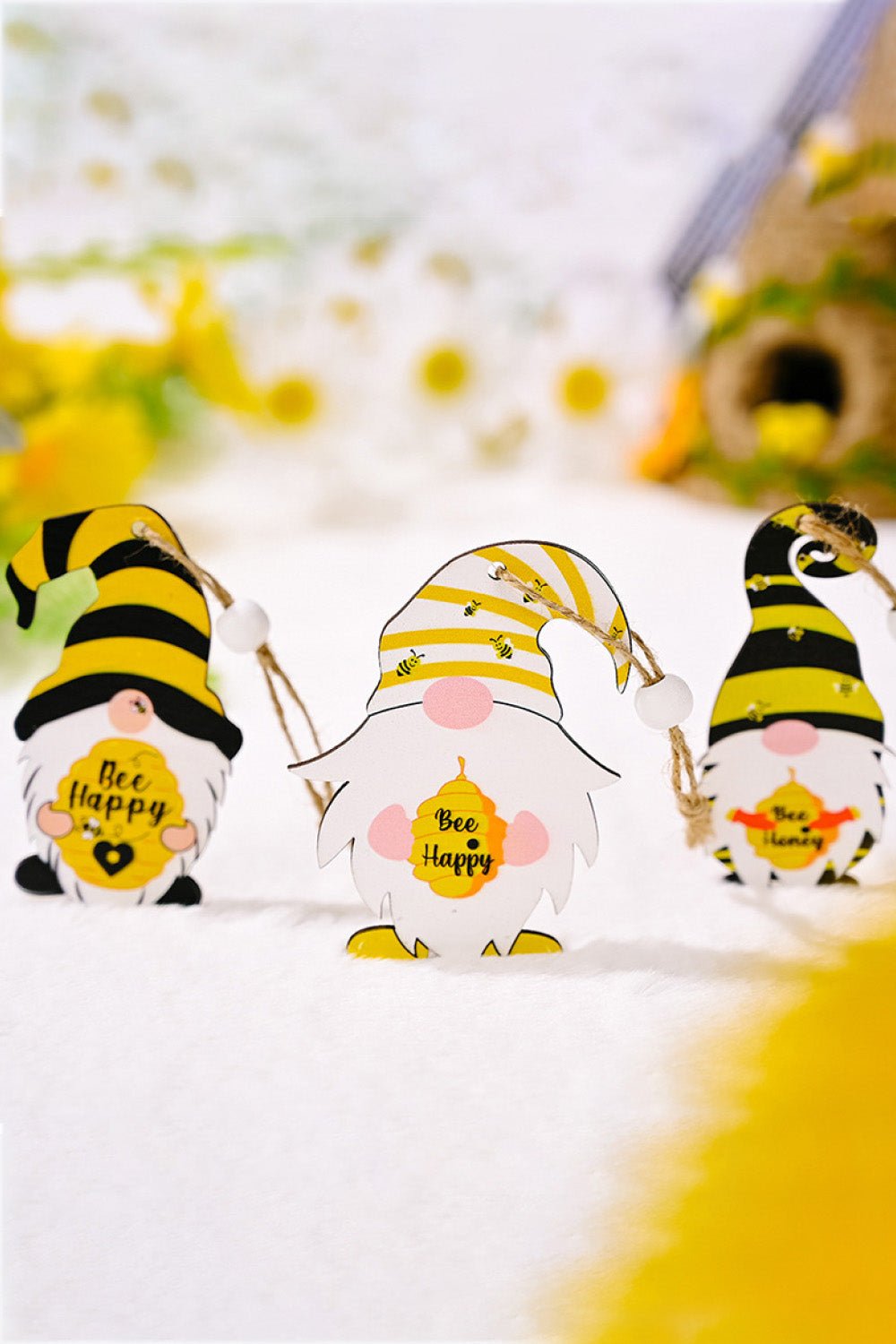 3 - Pack Bee Wood Gnome Ornaments - Runway Regalia