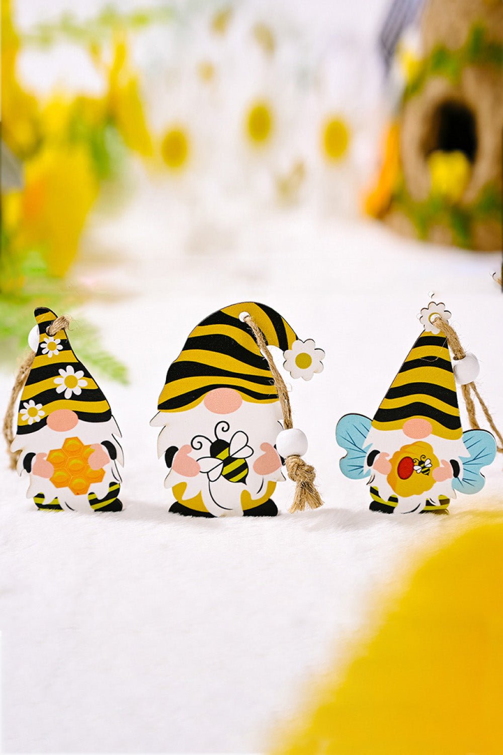 3 - Pack Bee Wood Gnome Ornaments - Runway Regalia