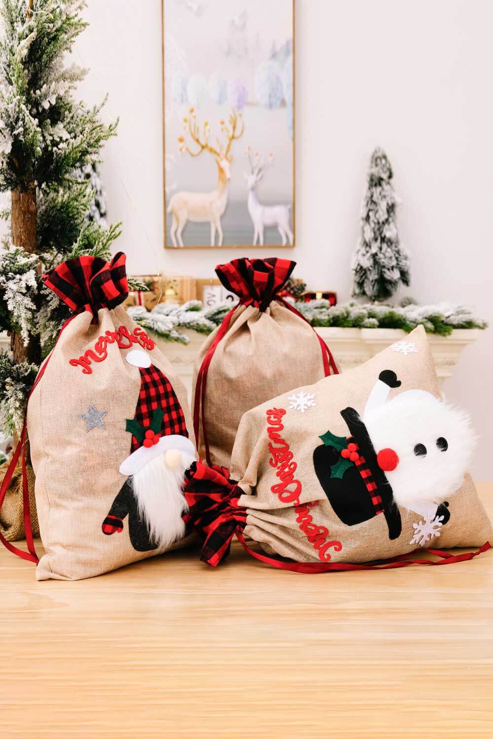 3 - Pack Christmas Graphic Drawstring Gift Bags - Runway Regalia