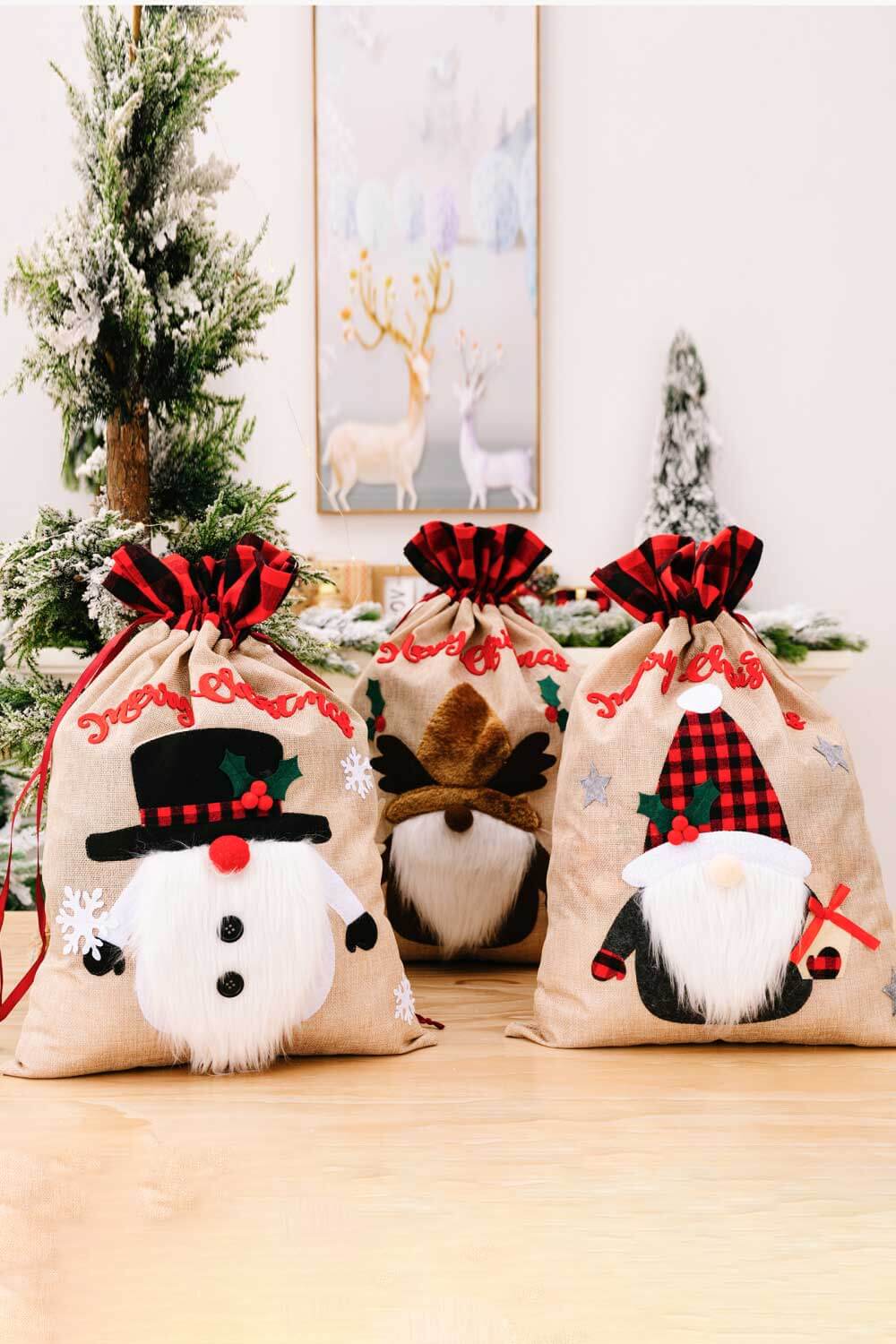 3 - Pack Christmas Graphic Drawstring Gift Bags - Runway Regalia