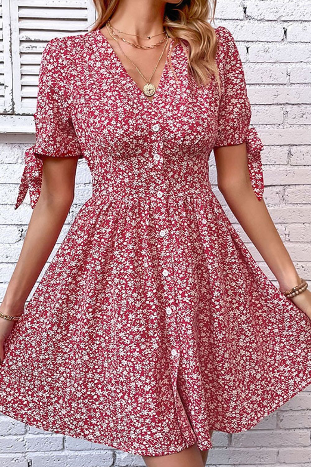 Perfee Ditsy Floral Tied Puff Sleeve Button Front Dress