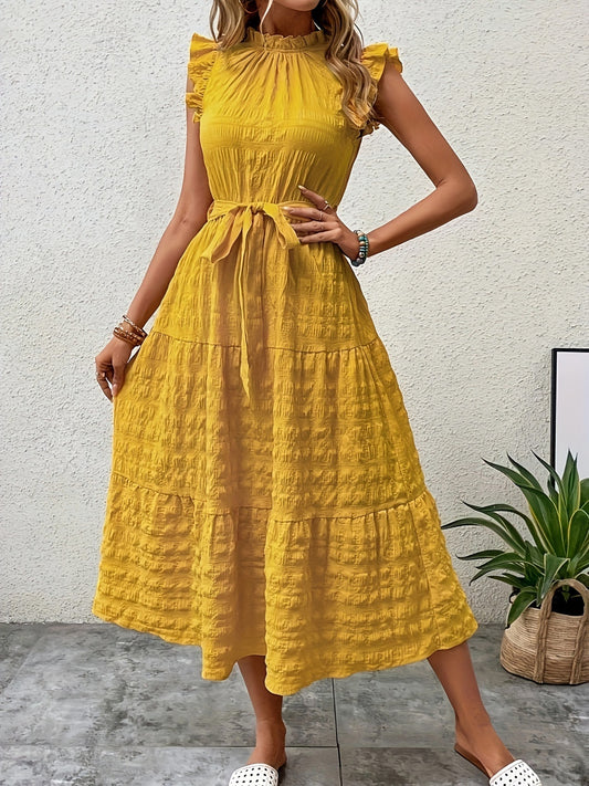 Vestido midi con mangas cortas y volantes anudados