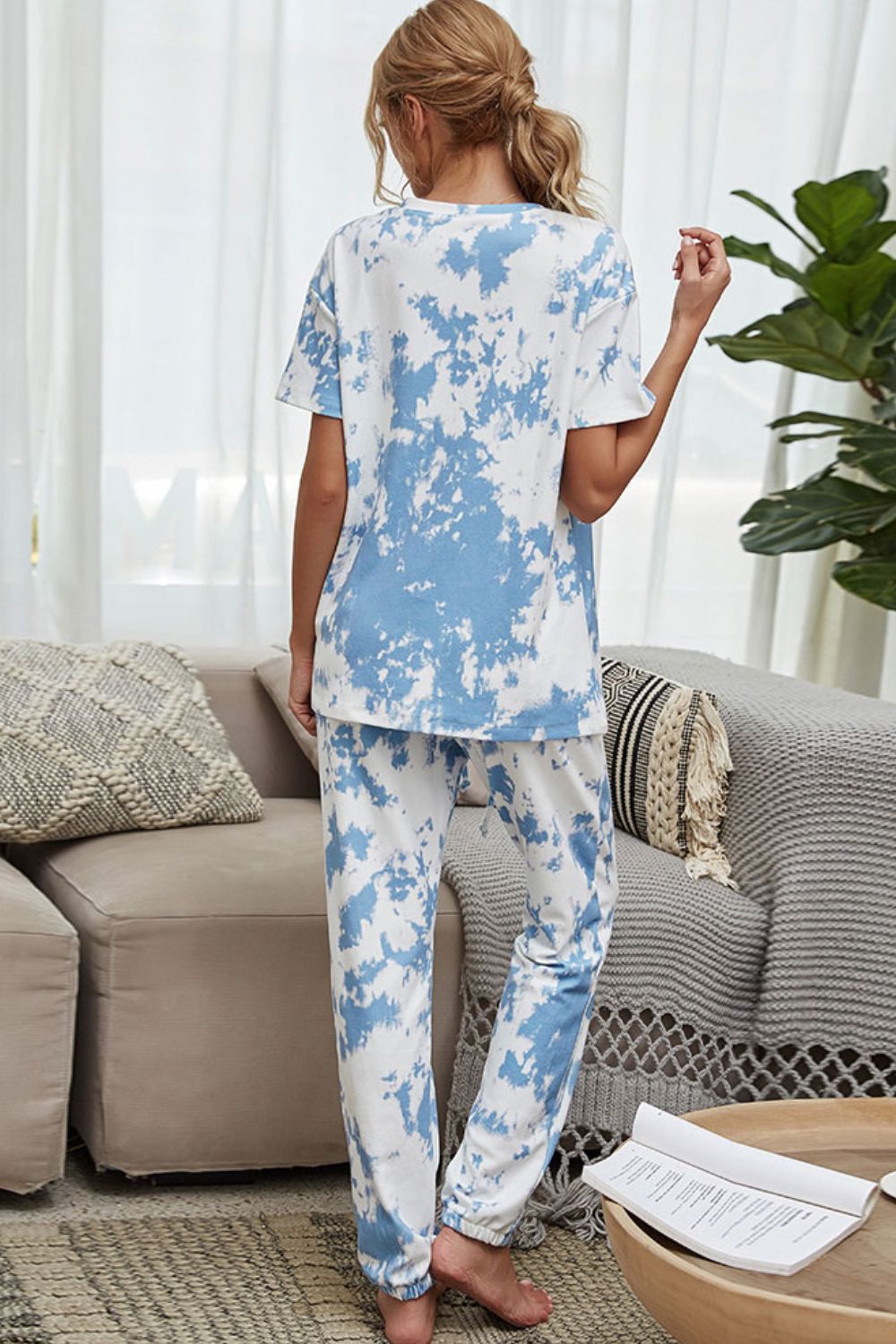 Shiny Tie-Dye Tee and Drawstring Waist Joggers Lounge Set