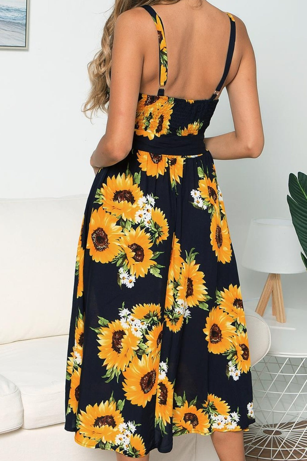 Vestido camisola sin mangas con estampado de girasoles fruncidos