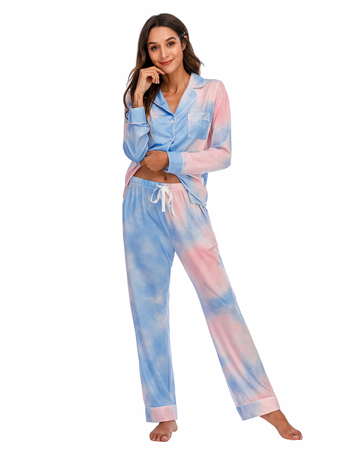 Collared Neck Long Sleeve Loungewear Set with Pockets