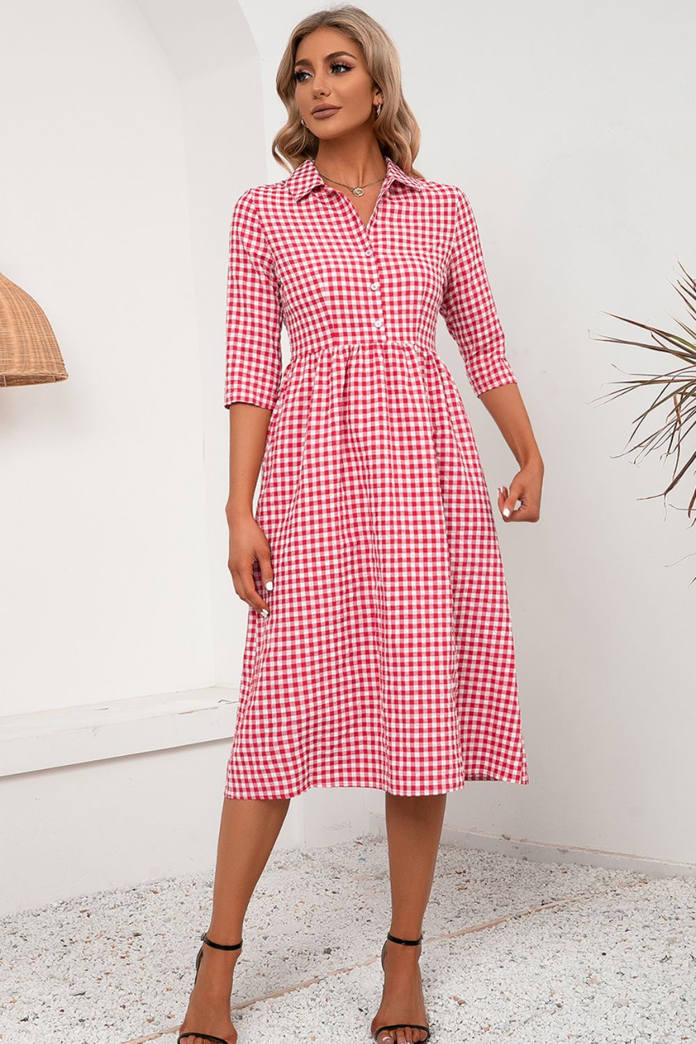 Ivy Lane Plaid Collared Neck Midi Dress