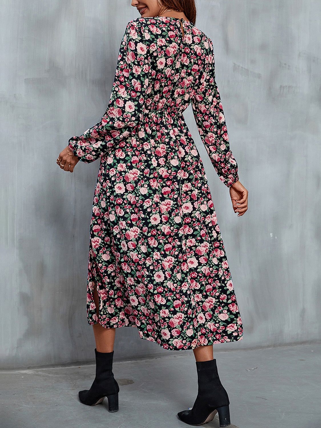 Perfee Floral V-Neck Slit Midi Dress