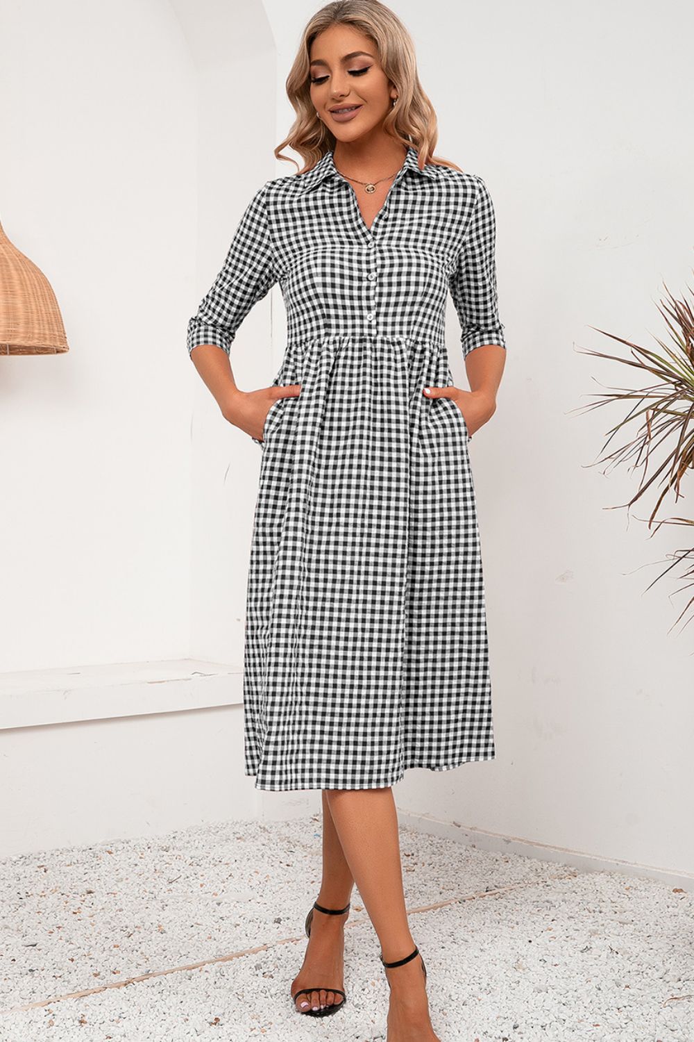 Ivy Lane Plaid Collared Neck Midi Dress