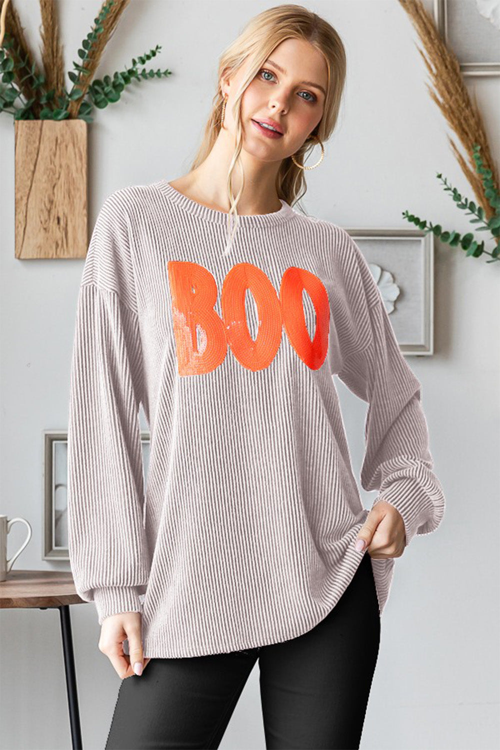 Heimish BOO Round Neck Long Sleeve Ribbed T-Shirt