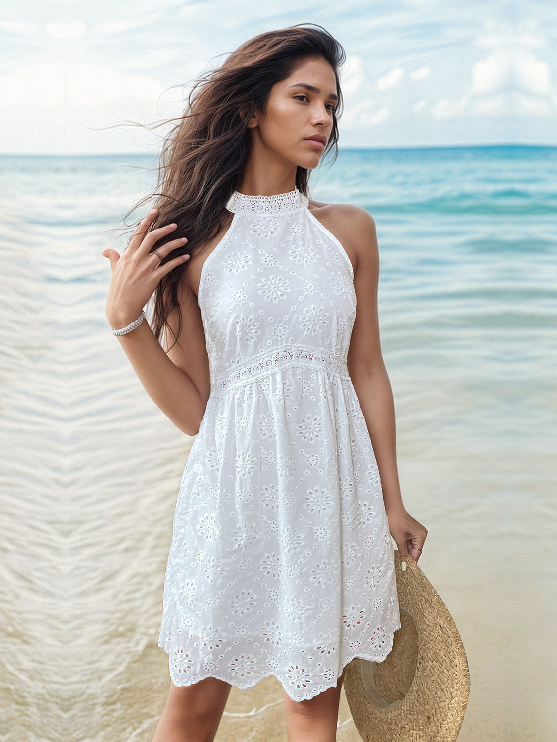 Perfee Eyelet Grecian Neck Mini Dress