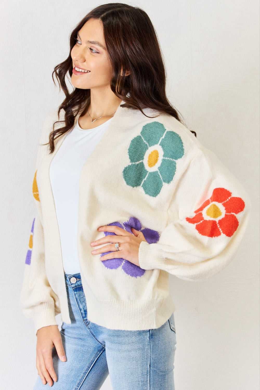 J.NNA Open Front Flower Pattern Long Sleeve Sweater Cardigan