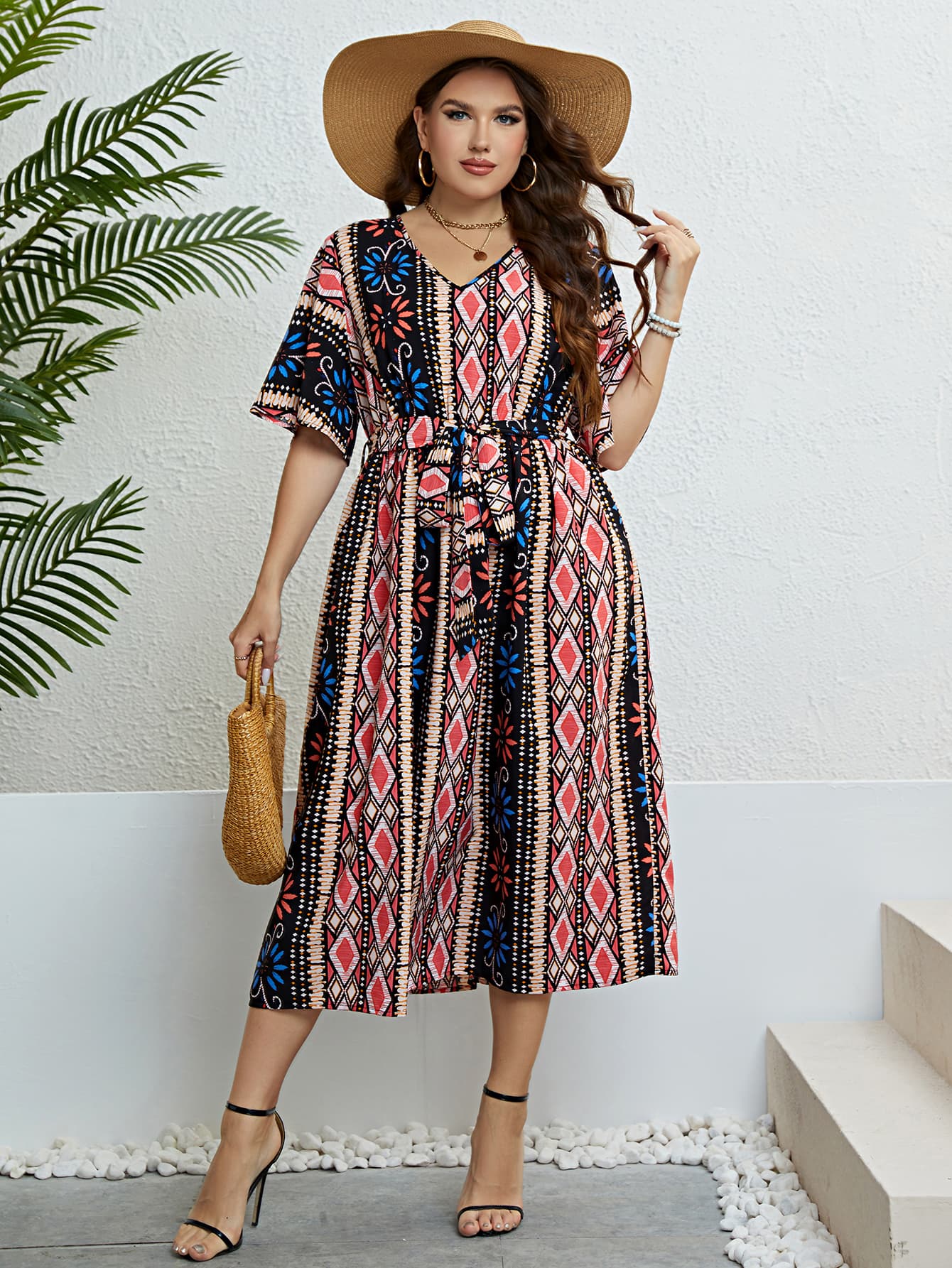 Vestido midi bohemio con escote en V y cinturón anudado en talla grande de Honey