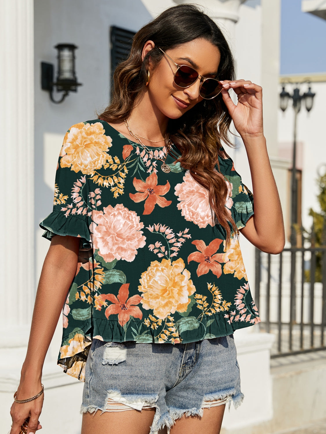 Floral Ruffled Short Sleeve Blouse