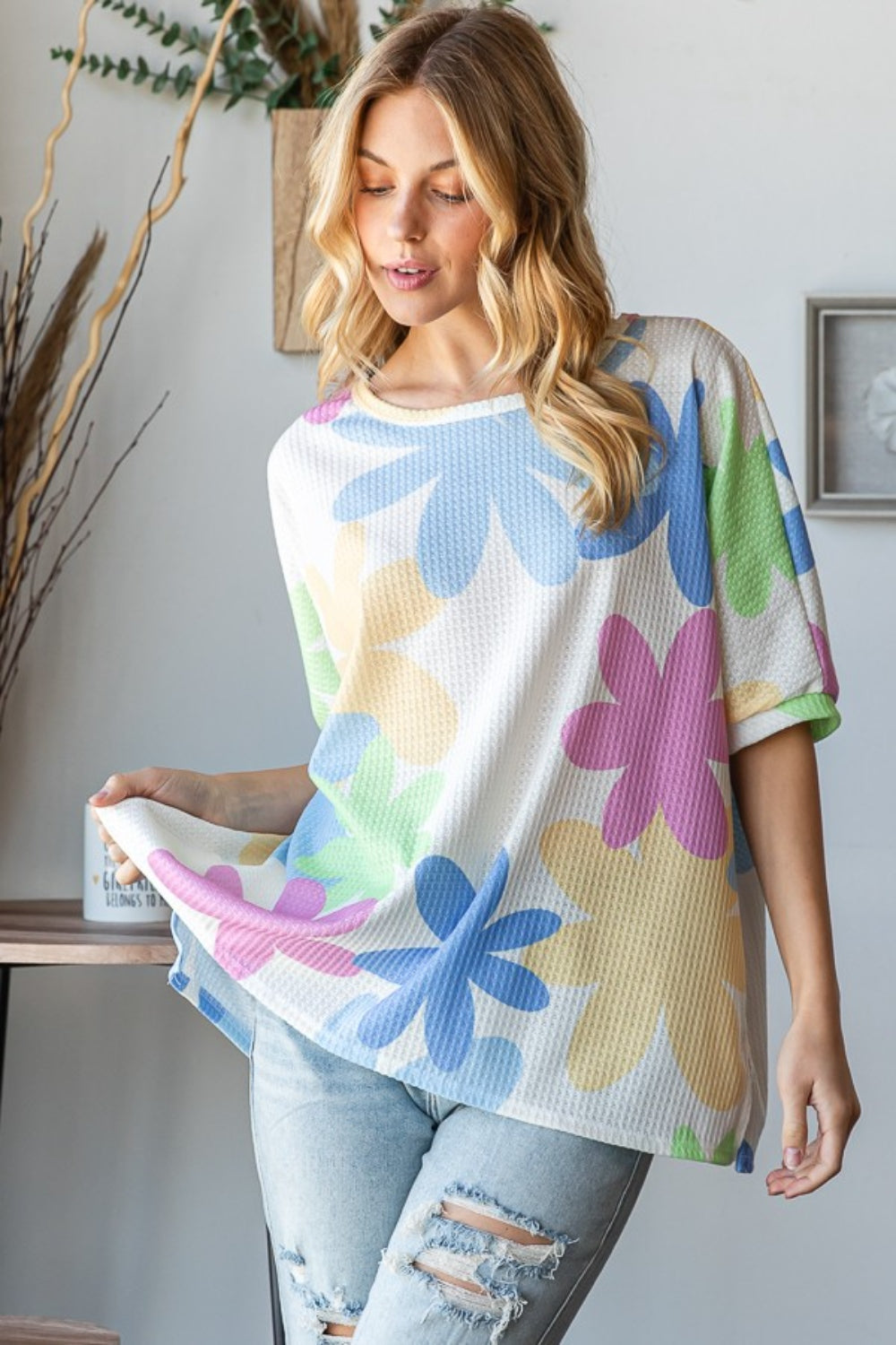 HOPELY Floral Round Neck Waffle T-Shirt