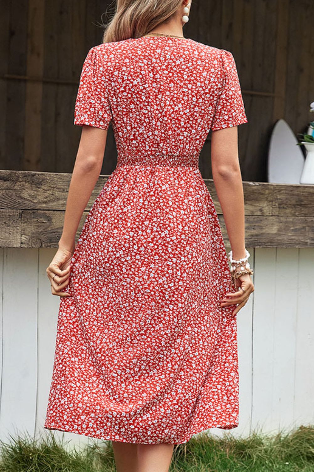 Perfee Ditsy Floral Button Front Tied Puff Sleeve Dress