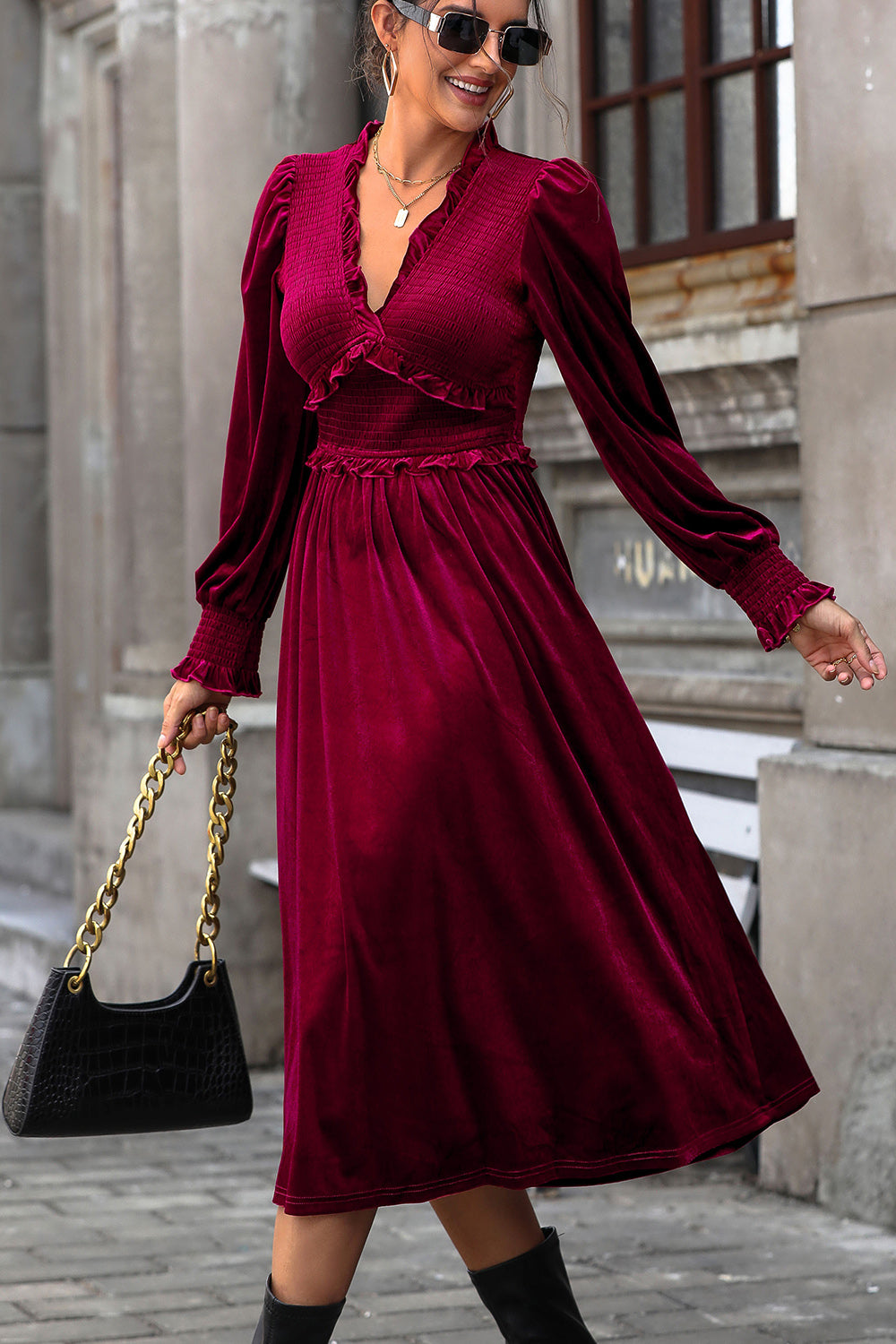 Vestido midi con mangas abullonadas y fruncido Perfee