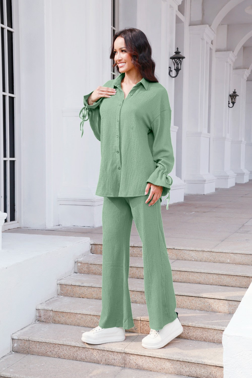 Drawstring Flounce Sleeve Shirt and Pants Set