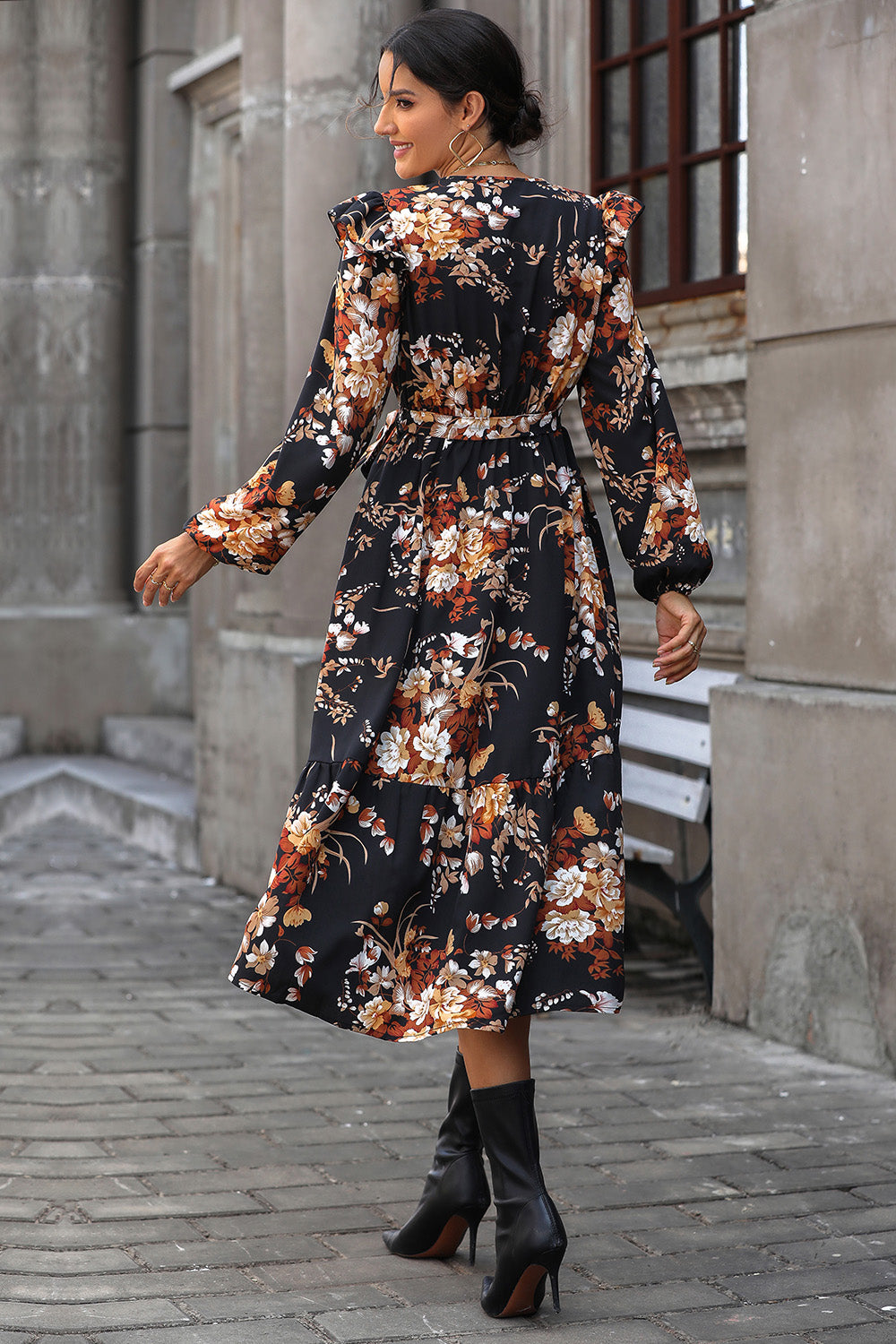 Perfee Floral Surplice Tie Front Ruffle Hem Midi Dress