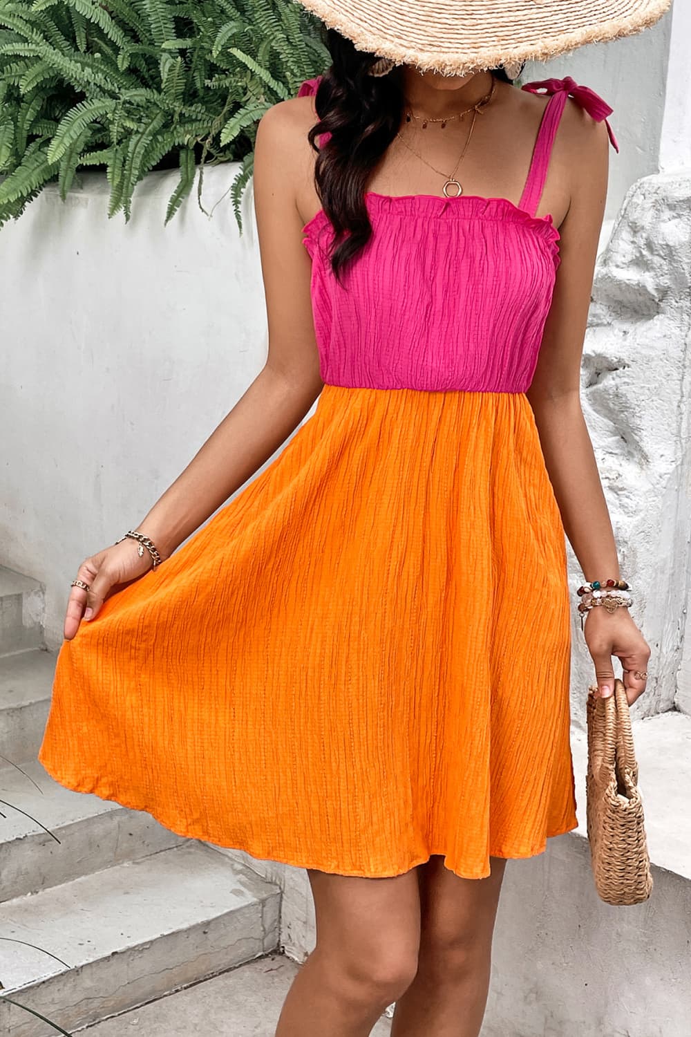 Honey Two-Tone Tie-Shoulder Frill Trim Dress