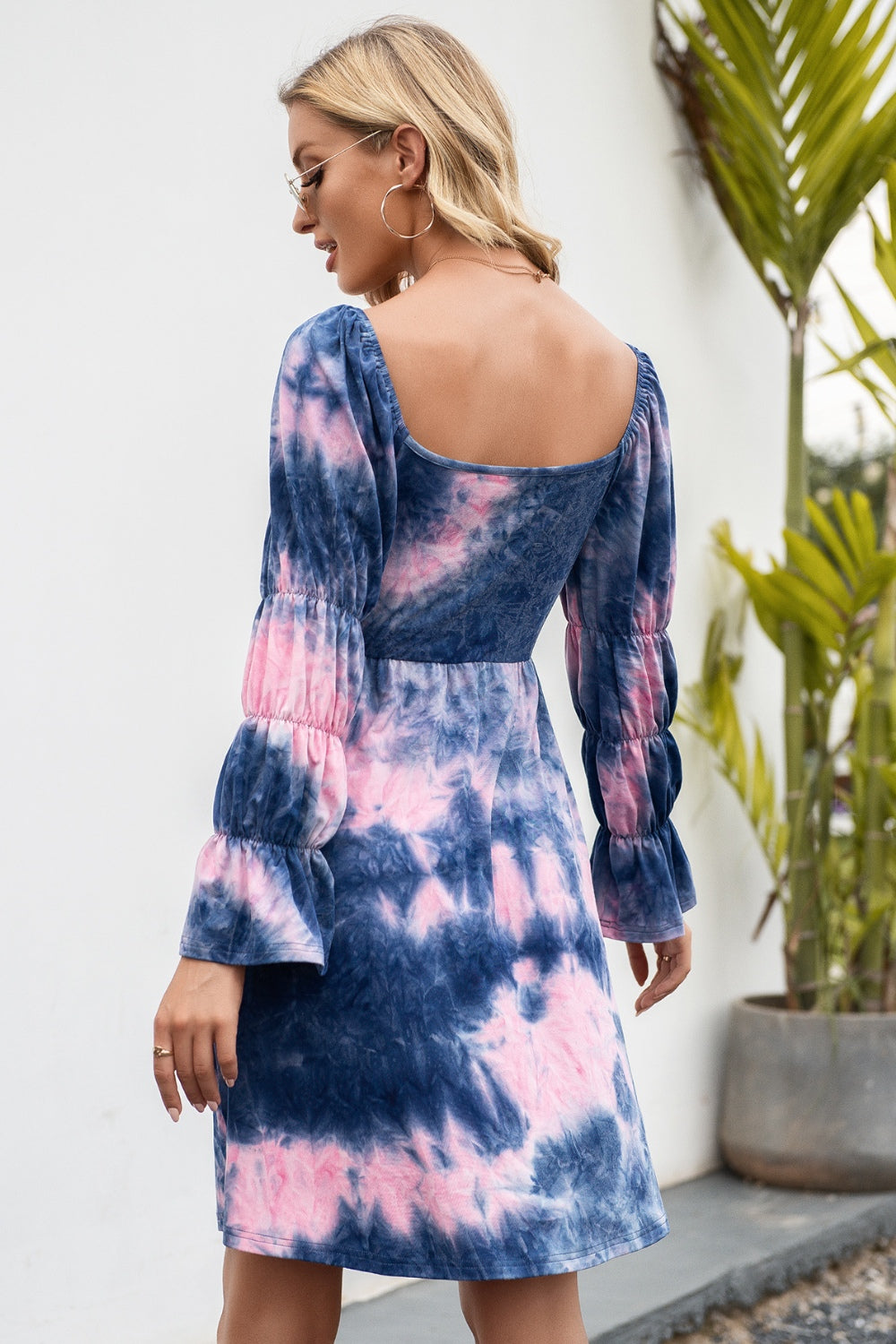 Ivy Lane Tie-Dye Square Neck Flounce Sleeve Dress