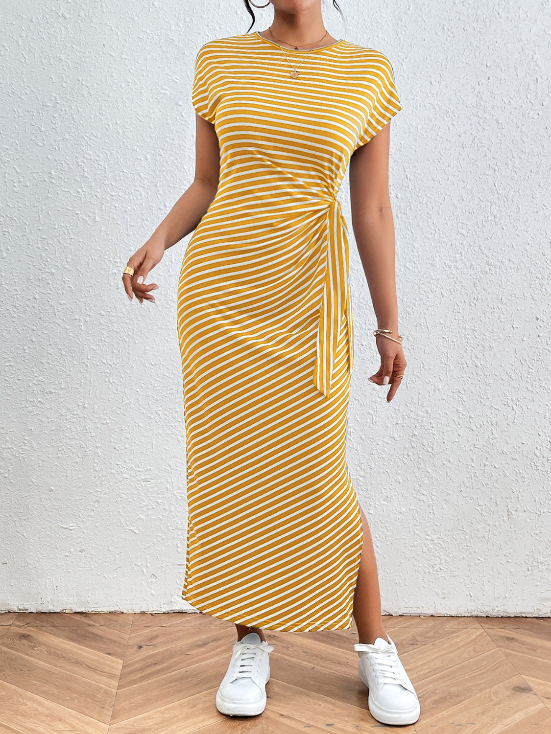 Honey Tied Striped Round Neck Short Sleeve Tee Dress